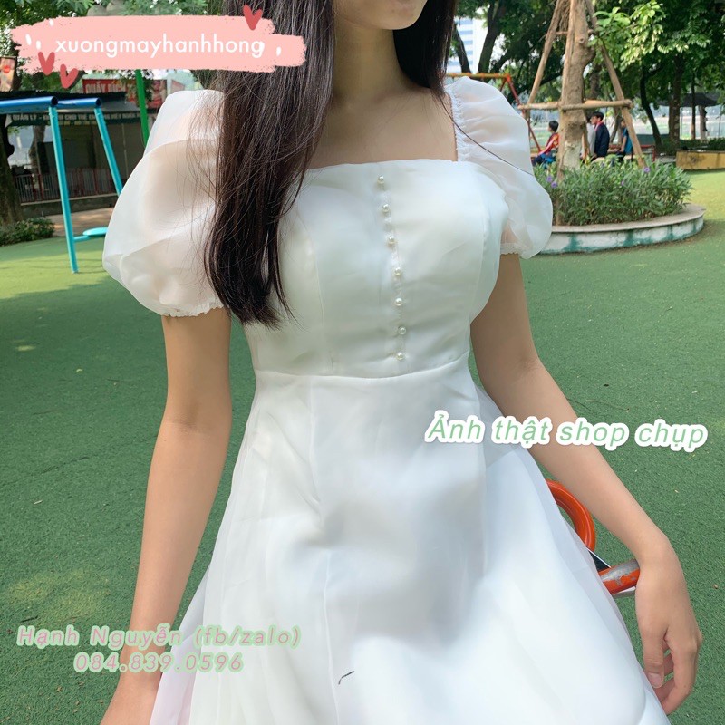 Váy trắng dự tiệc tiểu thư tay phồng cổ vuông, Váy công chúa trắng tay bồng có đệm ngực | BigBuy360 - bigbuy360.vn