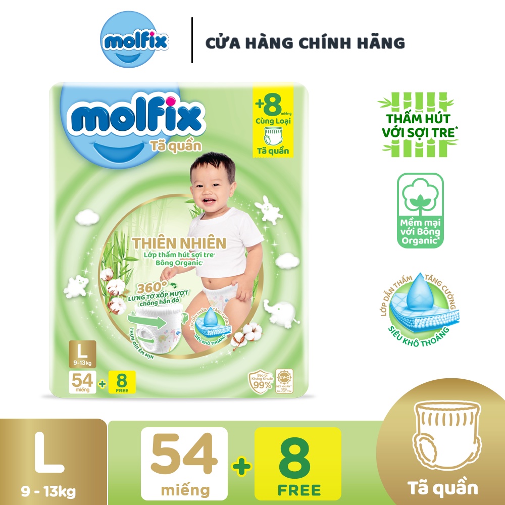 Tã/bỉm Quần/Dán Molfix thiên nhiên bông Organic tự nhiên size L54 tặng 8 miếng ( 9-12kg )
