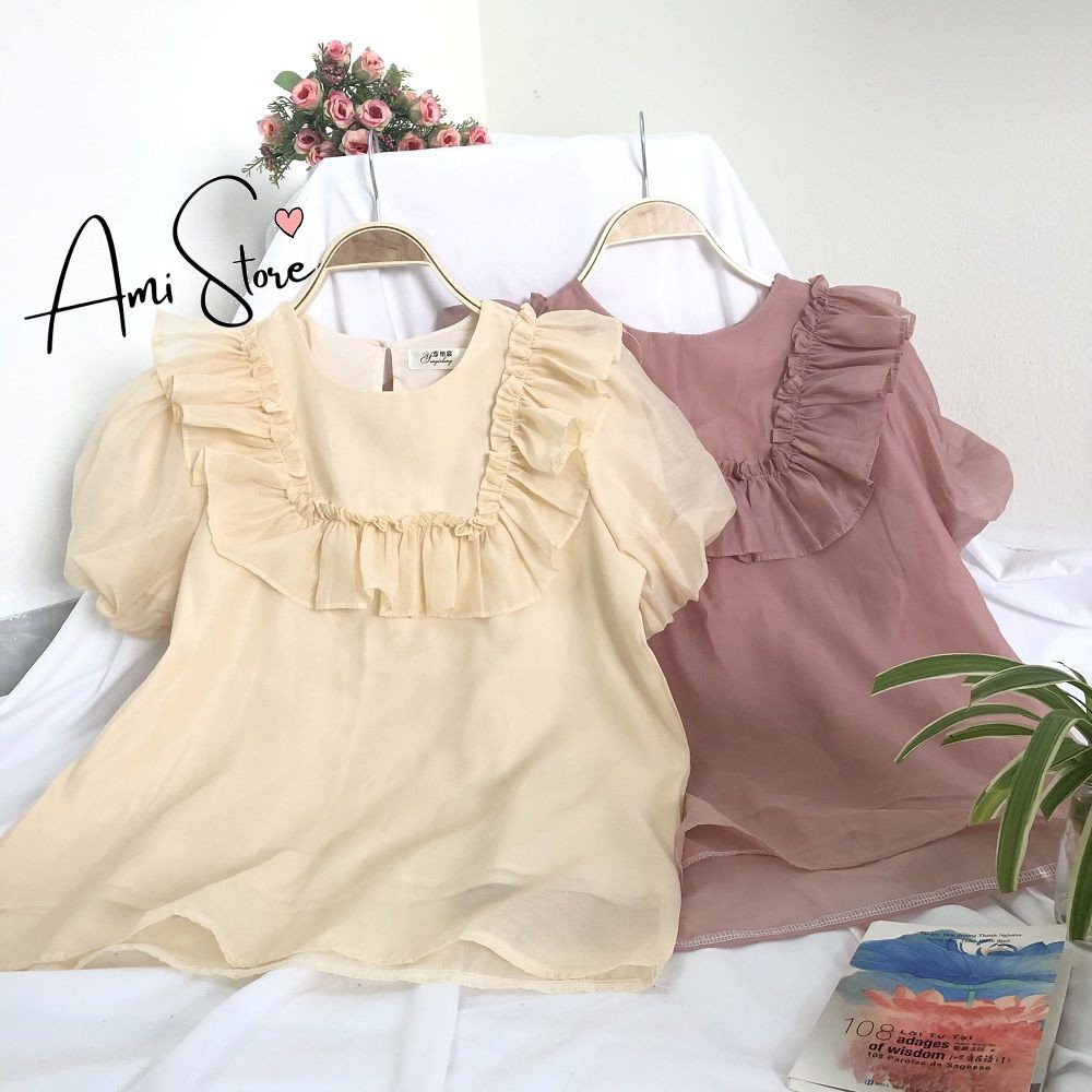 Áo sơ mi Ami cộc tay bèo ngực tay phồng tiểu thư xinh xắn SM12