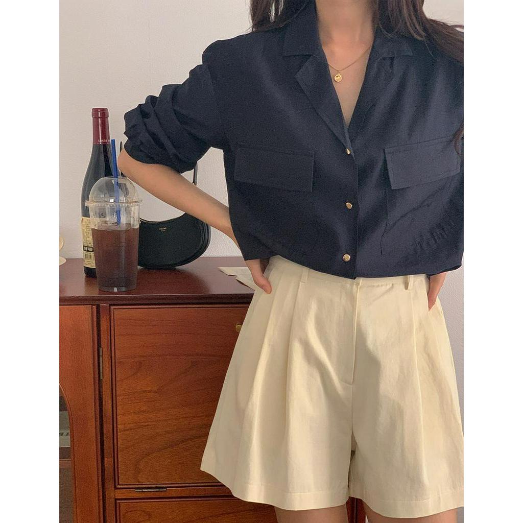 Áo Sơ Mi Dài Tay Cổ polo Phối Túi Đôi Kiểu Vintage Pháp Sành Điệu 55567