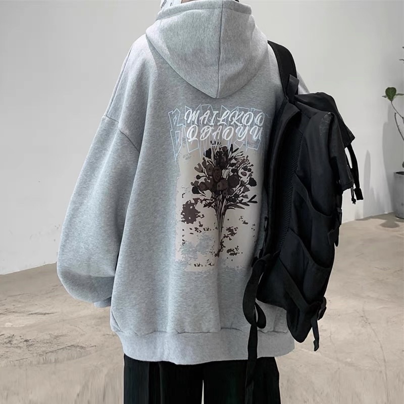 Áo Hoodie Nỉ Bông Dài Tay Unisex Hoạ Tiết Bông Hồng