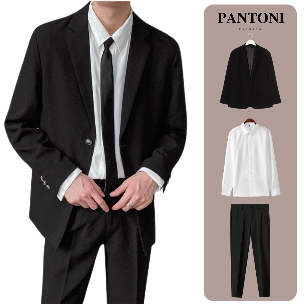 Áo Blazer Nam Form Rộng Pantoni dài tay dáng unisex màu đen nâu phong cách Hàn Quốc