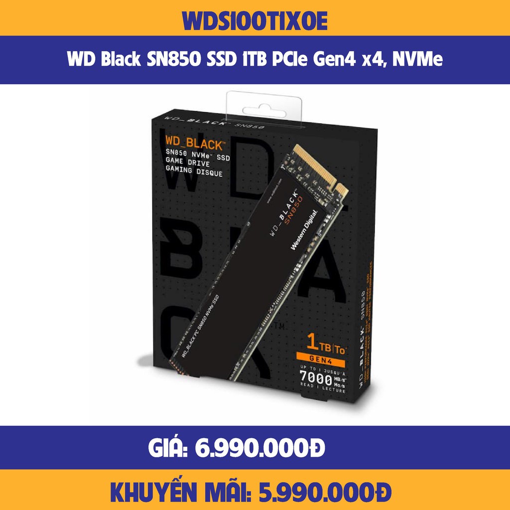 Ổ cứng SSD WD SN850 Black 1TB M.2 2280 PCIe NVMe 4x4 (Đọc 7000MB/s - Ghi 4100MB/s)-(WDS100T1X0E)-hàng chính hãng