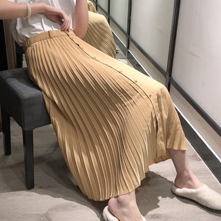 Chân váy Stradivarius cạp chun k họa tiết cam+ đen mẫu hot 2019 (Pleated Skirt)