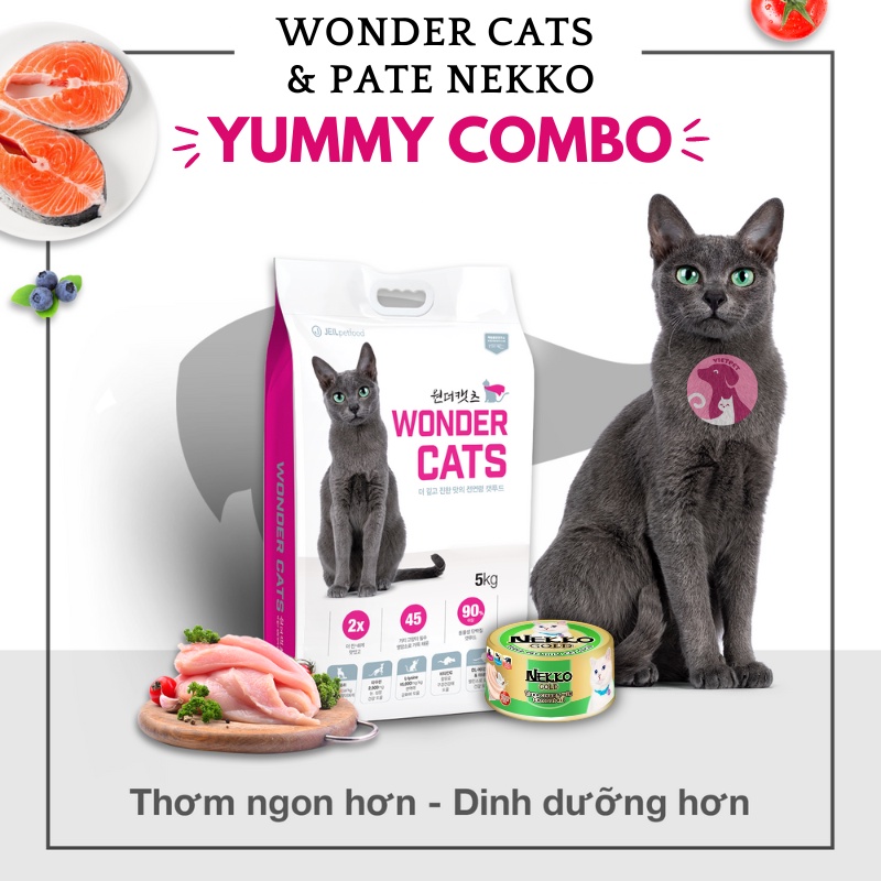 Combo Pate mèo Nekko vị Cá ngừ &amp; dầu dừa (85g) &amp; Hạt cho mèo Wonder Cats (5 kg)