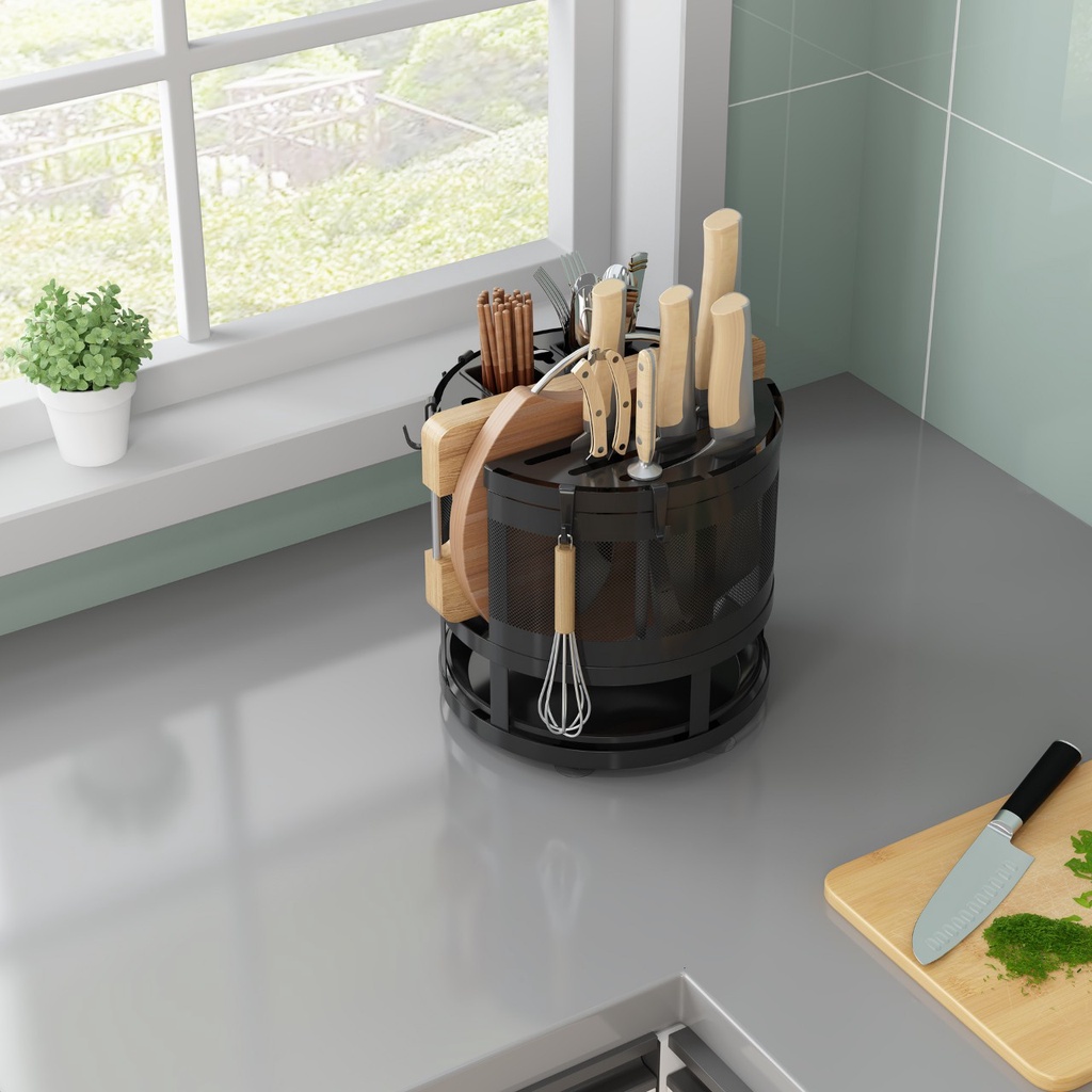 Kệ để dao thớt tròn Giá đựng đồ dùng nhà bếp đa nâng xoay 360 độ chất liệu thép không gỉ M07