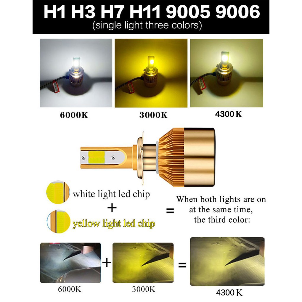 Set 2 Bóng Đèn pha LED ba màu H4 H11 H7 H8 H16 H1 H3 HIR2 9005 9006 HB3 HB4 6000k 880 9012 4300k 3000k