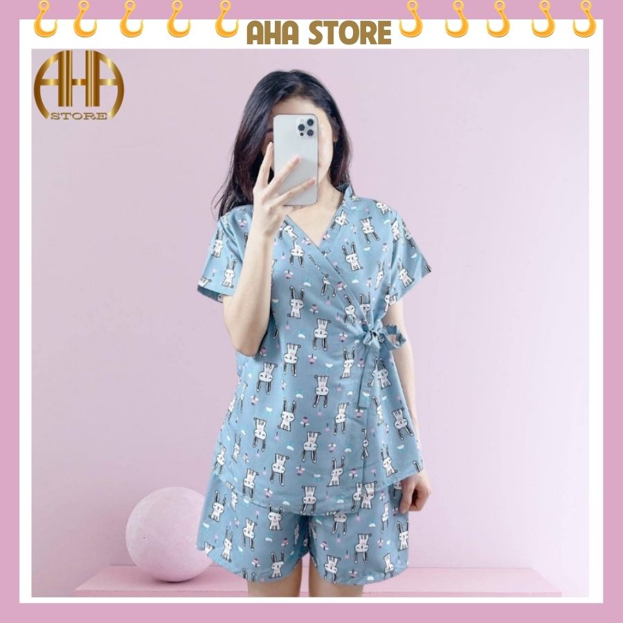 Đồ ngủ nữ pijama HATIBO dáng kimono yukata tay ngắn chất kate thái cao cấp mềm mát