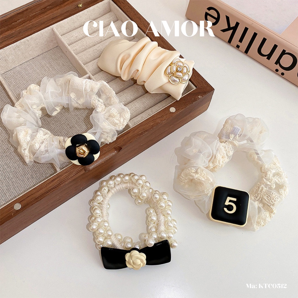 Cột tóc nữ, Chun tóc dây hạt vải đen hoa trắng sữa Trang sức Ciao Amor - KTC0512