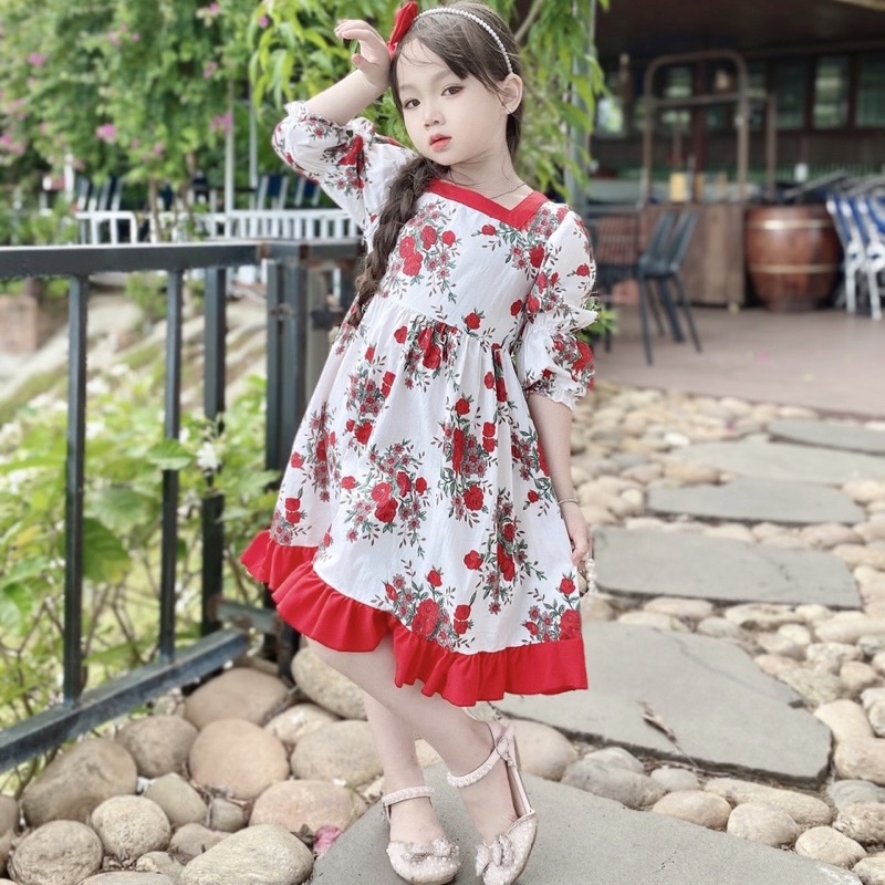 Váy Bé Gái Hoa Đỏ Kèm Bờm Ngọc, Váy Thiết Kế Tiểu Thư Cho Bé Mùa Thu Đông