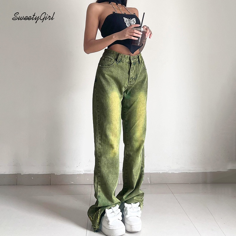 Quần Jean Lưng Cao Ống Đứng Thêu Họa Tiết Màu Trơn Thời Trang Cho Nữ 2022