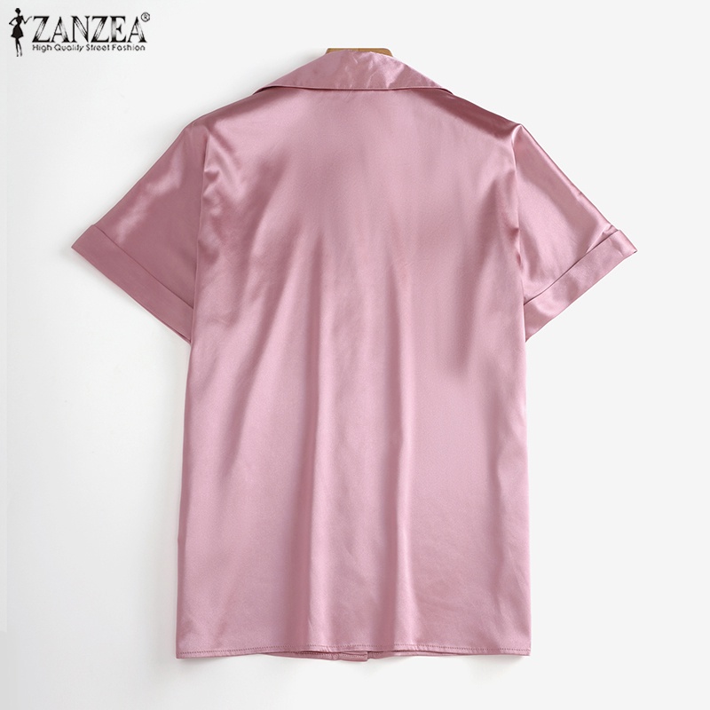 ZANZEA Áo Sơ Mi Vải Satin Tay Ngắn Cổ Bẻ Thời Trang Cho Nữ