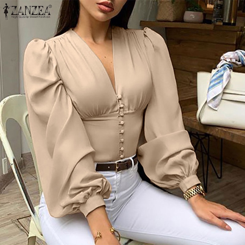 Áo Zanzea tay dài cổ chữ V phong cách Châu Âu thanh lịch thời trang dành cho nữ
