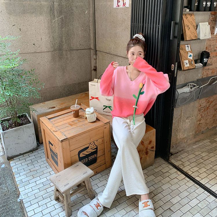 Áo Sweater Dệt Kim Cổ Chữ V Màu Gradient Thời Trang Cho Nữ  tao bao