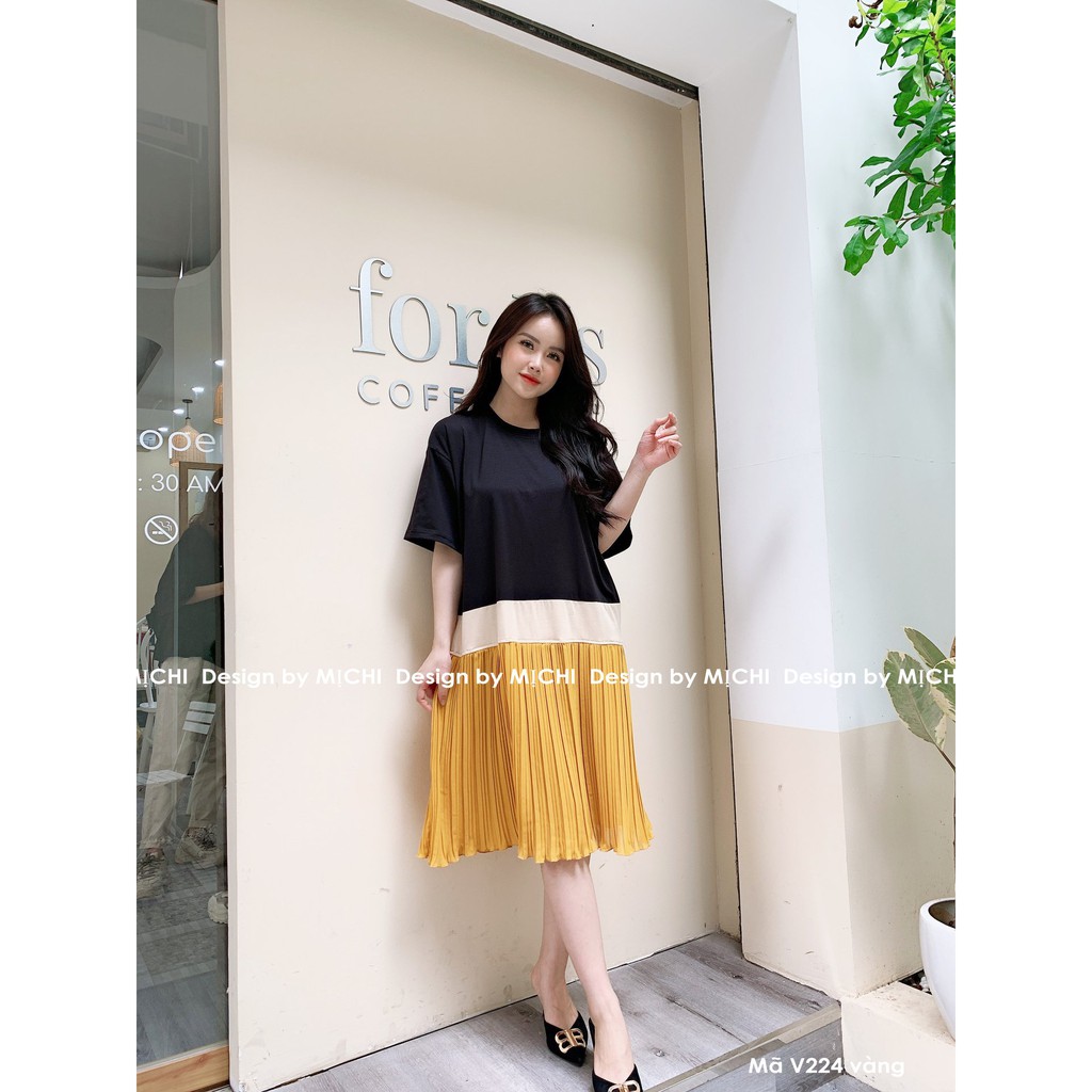 Váy thun suông phối màu, chất cotton, chân xếp ly, đầm xuông rộng freesize, đủ màu, mã V224 - Michi's House