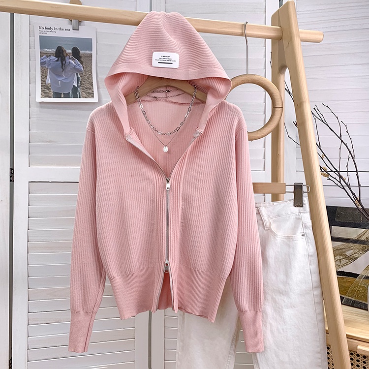 Áo khoác len dây kéo có mũ trùm đầu