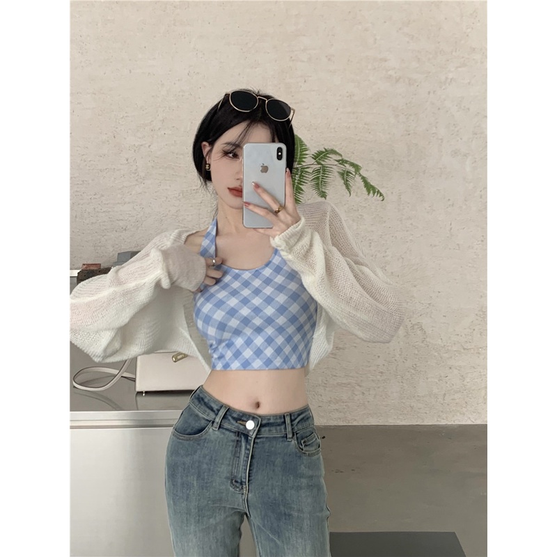 Áo hai dây Cổ Yếm Kẻ Sọc Caro Nhiều Màu Sắc Ngọt Ngào Kiểu Mỹ Cổ Điển