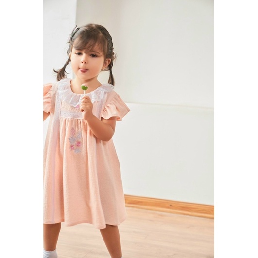 Váy thô xốp cổ ren thêu hoa màu hồng cho bé gái size từ 10-21 cân