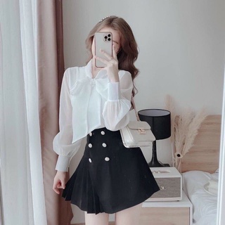 Áo Sơ Mi Cổ Nơ Tay Bồng❤️Áo Sơ Mi Cúc Ngọc Mặc Siêu Sang Chảnh ,Áo Sơ Mi Tiểu Thư Đủ Màu Trắng Và Be