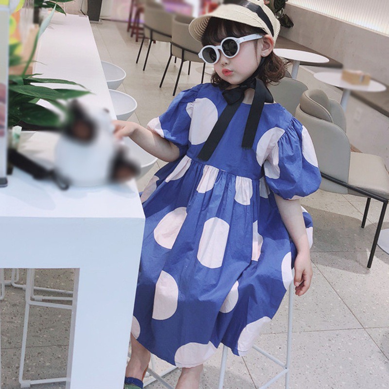 Đầm công chúa cổ tròn hoạ tiết chấm bi đáng yêu cho bé gái 95-130cm