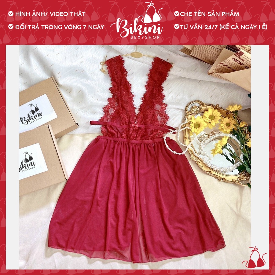 ❣️ Váy ngủ ren nữ xuyên thấu xẻ ngực gợi cảm freesize màu đen/ đỏ/ trắng SN08