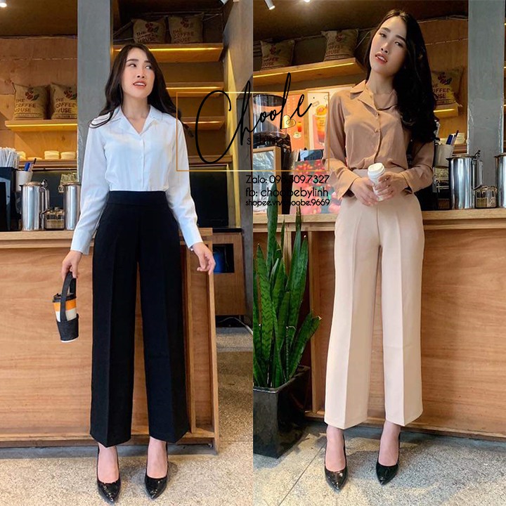 Quần ống rộng Choobe lưng cạp cao baggy vải nữ dài suông loe culottes xuông màu đen Q01 | WebRaoVat - webraovat.net.vn