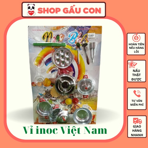 Bộ đồ chơi nhà bếp nấu ăn inox hàng Việt Nam nấu thật không gỉ giá rẻ 11 chi tiết