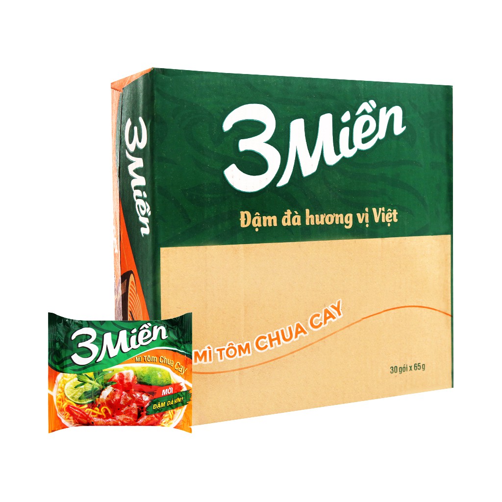 Thùng 30 gói mì 3 Miền Tôm Chua Cay 65g