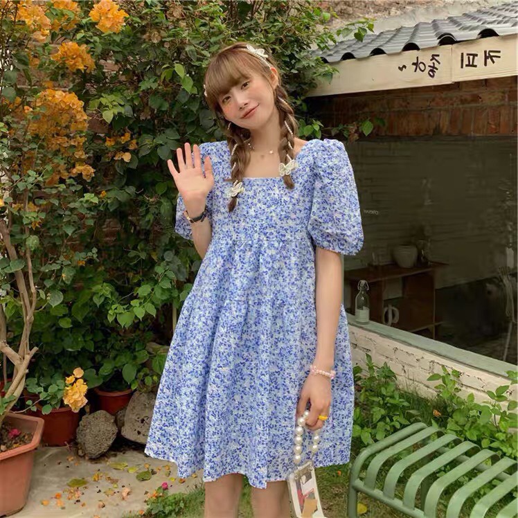 Váy hoa nhí badydoll vintage cộc tay Gorogi, đầm cổ vuông tay phồng ulzzang ngắn đi biển có bigsize