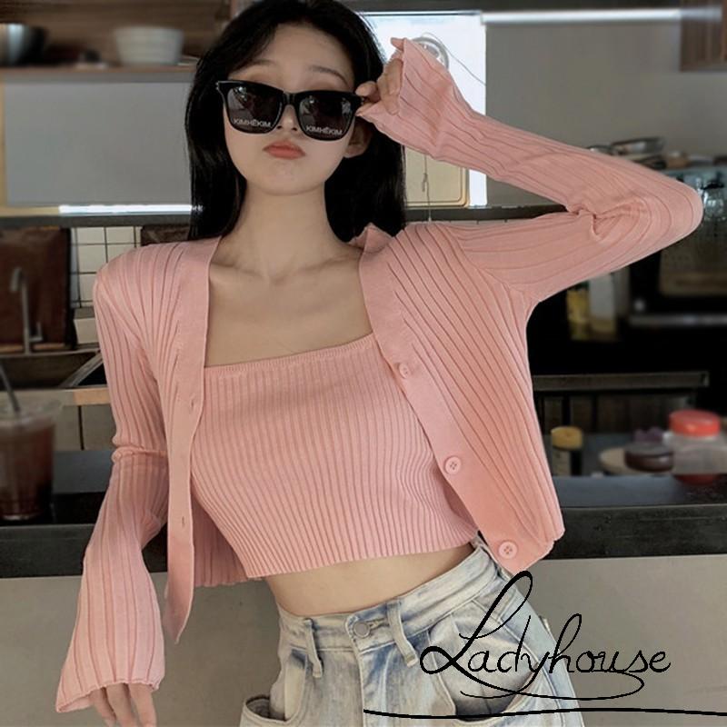 Set áo khoác dệt kim tay dài màu trơn + áo thun hai dây thời trang nhiều màu tùy chọn