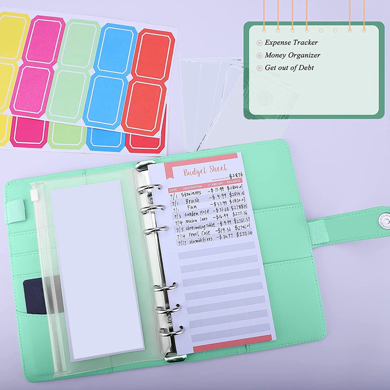 Bộ sổ còng A6 có bìa + ngăn đựng + tấm ngân sách + miếng dán dùng lập kế hoạch chi tiêu cá nhân để tiết kiệm tiền