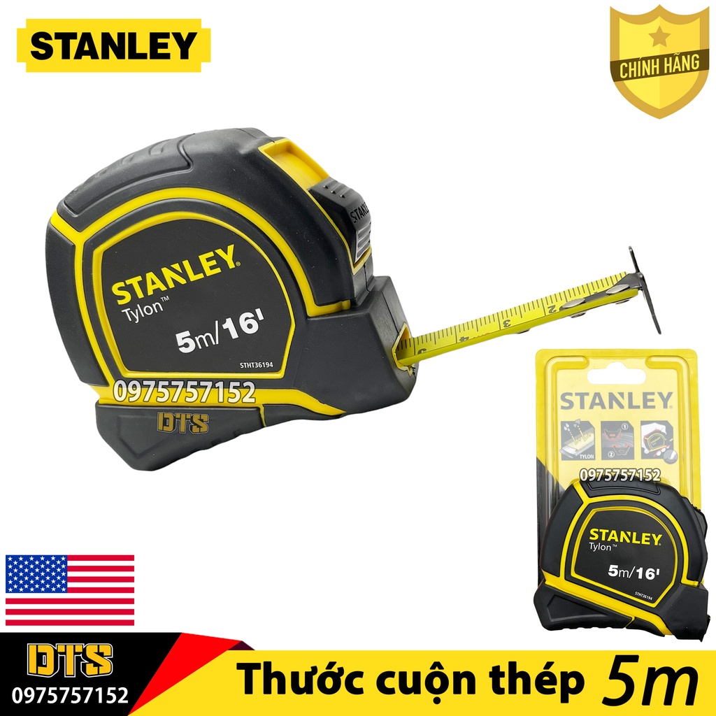 Thước cuộn thép 5m TYLON hãng STANLEY Mỹ, thước kéo nền vàng lưỡi phủ NYLON rõ nét, vỏ bọc nhựa ABS chống va đập, bền bỉ