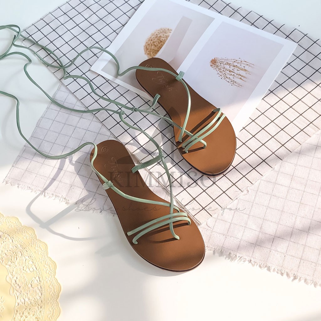 [Siêu rẻ] Giày sandal nữ đế bằng xỏ ngón quai mảnh hậu cột dây đi học đi làm cực êm - Kimmiso SX01