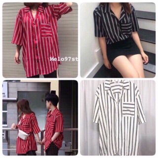 ÁO SƠ MI KẺ SỌC CỔ VEST TAY NGẮN NAM, NỮ ( đỏ, đen, trắng )