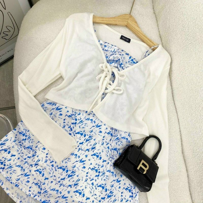 ❤ SET ĐẦM 2S HOA XANH RÚT DÂY  KÈM KHOÁC CROP TRẮNG NGOÀI