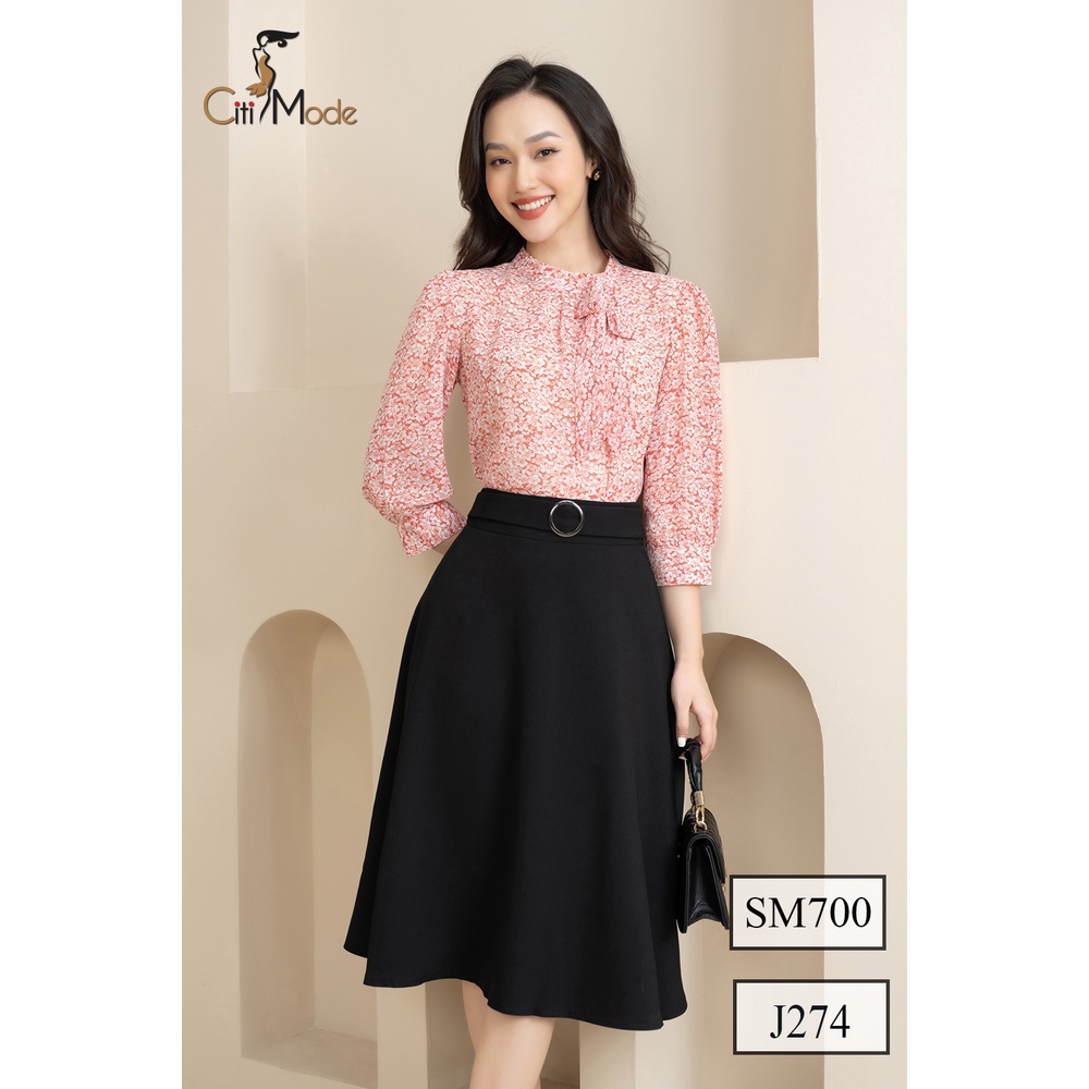 Áo sơ mi hoa nhí hồng đào tay lỡ cổ nơ SM700