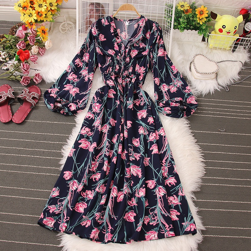 Đầm Hoa Tay Phồng Cổ Chữ V Thời Trang Retro Thanh Lịch Cho Nữ