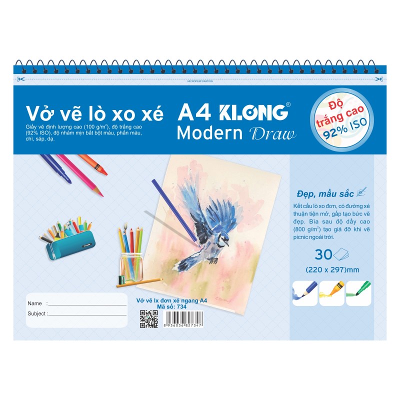 Vở vẽ lò xo xé 30 tờ ngang khổ A4 Klong MS 734