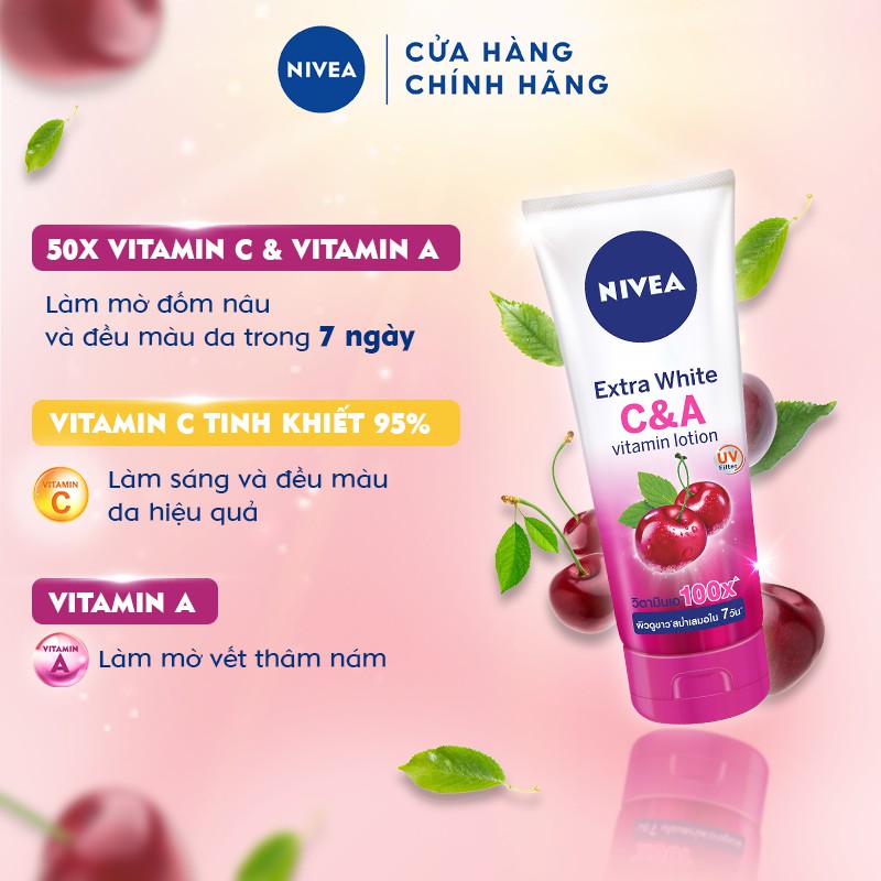 [TẶNG TÚI WASHBAG] Bộ sữa dưỡng thể dưỡng trắng Nivea Extra White C&amp;A Vitamin Lotion 180ml TẶNG TÚI TRANG ĐIỂM