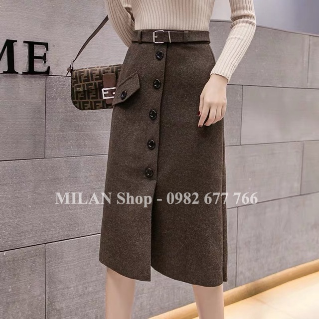 Chân váy dạ dài qua gối kèm đai hàng khuy giả túi phom rộng | BigBuy360 - bigbuy360.vn