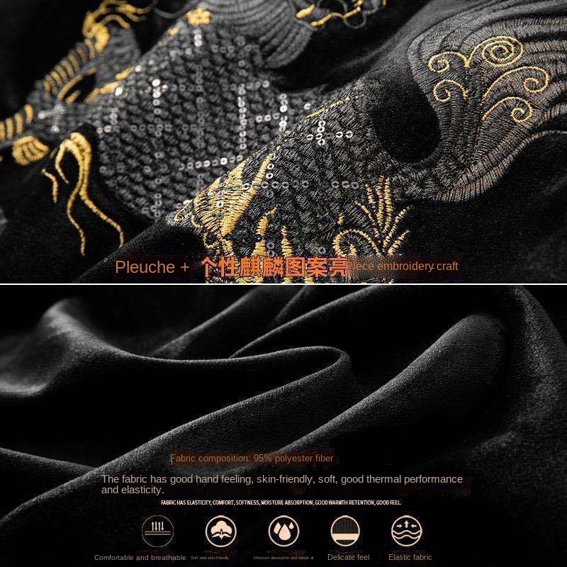 Bộ quần áo nhung dày dáng rộng thêu họa tiết con lân phong cách Trung Hoa ấm áp cho nam mùa thu đông