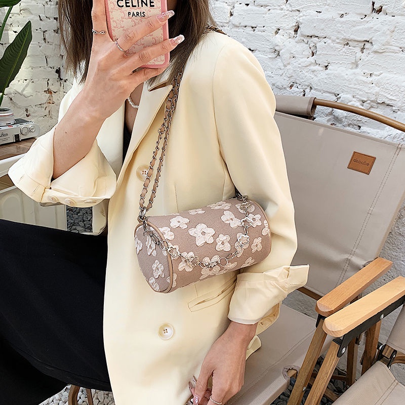 Túi đeo chéo hình trụ mini dây xích thời trang túi đeo vai kẹp nách hình trụ cá tính