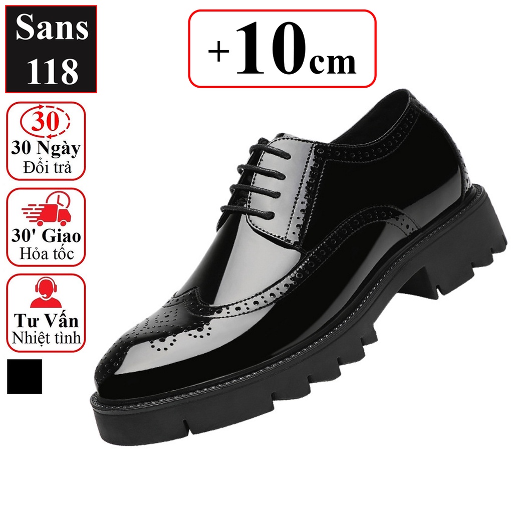 Giày tây nam tăng chiều cao 10cm Sans118 giầy da bóng đế độn nâng gót chú rể mặc vest âu công sở size nhỏ bé 37