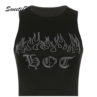 Áo Tank Top Mỏng Cổ Tròn In Họa Tiết Đính Đá Hàng Mới Sweeticme Thời Trang Cho Nữ 2022