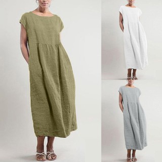 ღleeesins ღWomen’s Solid Sleeveless O-neck Maxi Pockets Linen Loose Baggy Kaftan Long Dress