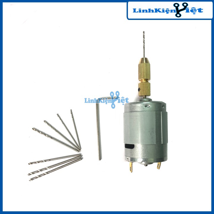 Khoan mini siêu khỏe chế từ động cơ 335 và phụ kiện V1 (01 đầu kẹp 2315, mũi khoan 0.8-1.0-1.2-1.5mm mỗi loại 2 chiếc)