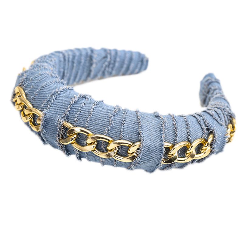 Băng Đô Vải Denim Bản Rộng Họa Tiết Kẻ Sọc Màu Sắc Trơn Phối Xích Kim Loại Kiểu Retro Cho Nữ