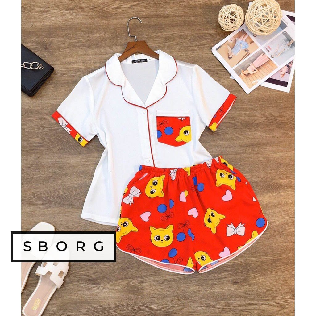 Đồ bộ ngủ nữ SBORG bộ ngủ cute lụa satin mềm mát họa tiết dể thương áo tay ngắn phối quần đùi đáng yêu làm quà tặng Vợ