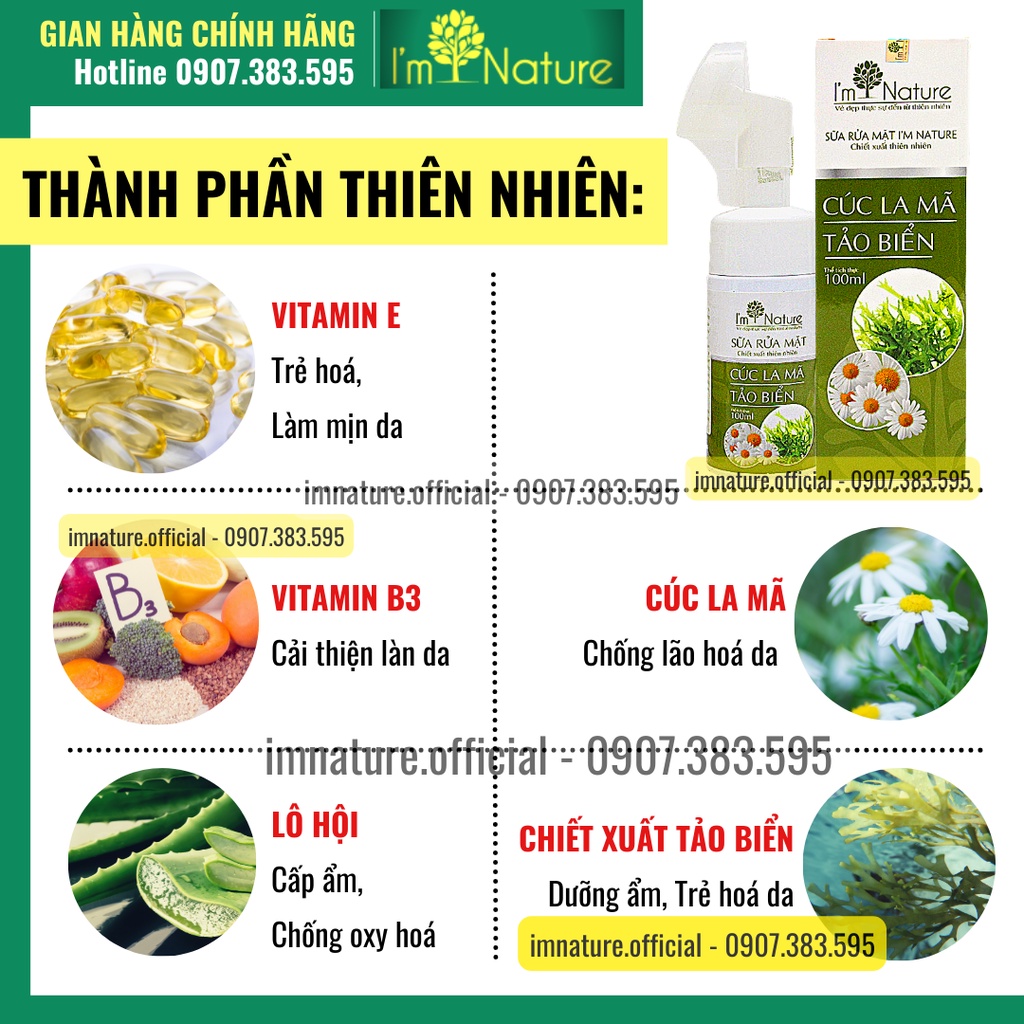 Sữa Rửa Mặt Có Đầu Cọ Tạo Bọt Cúc La Mã Giúp Trắng Sáng Da - Kiềm Dầu - Giảm Mụn I’m Nature 100ml
