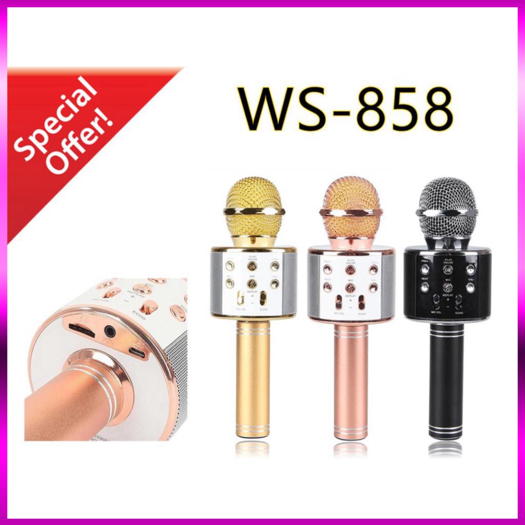 Mic Hát Karaoke 858 Đa Năng 6 In 1 - Mic Hát Bluetooth Không Dây Tiện Lợi